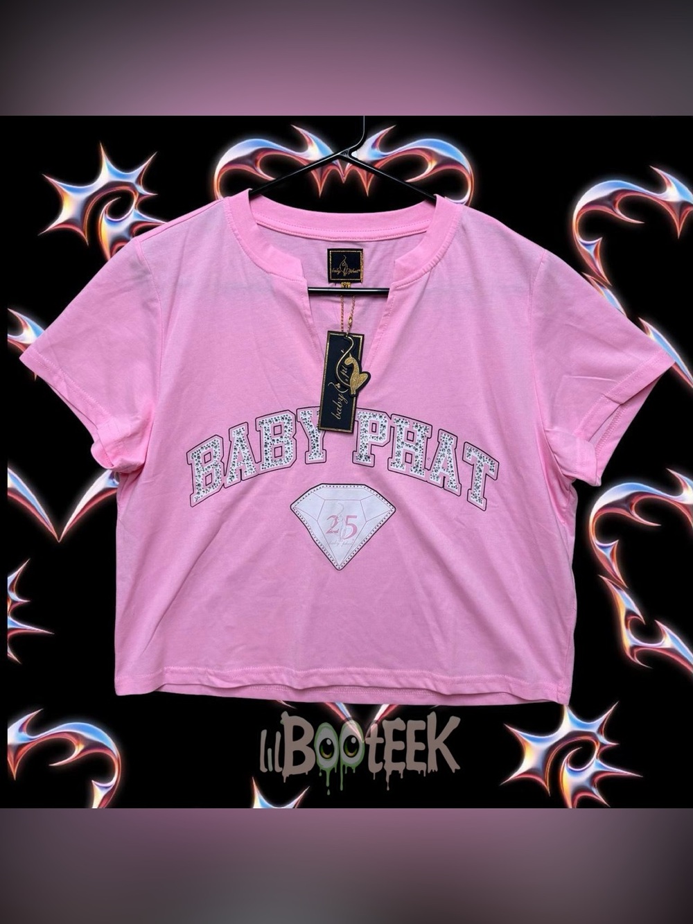 Baby Phat XL Pink Rhinestone Crop Top V-Neck 25 Year Limited Edition Y2K